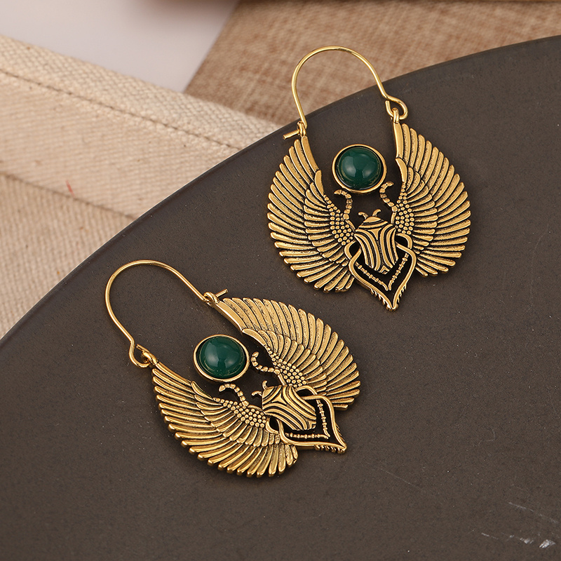 E-shop Vintage ägyptisch inspirierte heilige Flügel Scarab Hoop Ohrringe - Goldton mit grünem Perlen, Bohemian Gypsy Tribal Design, für Partys &