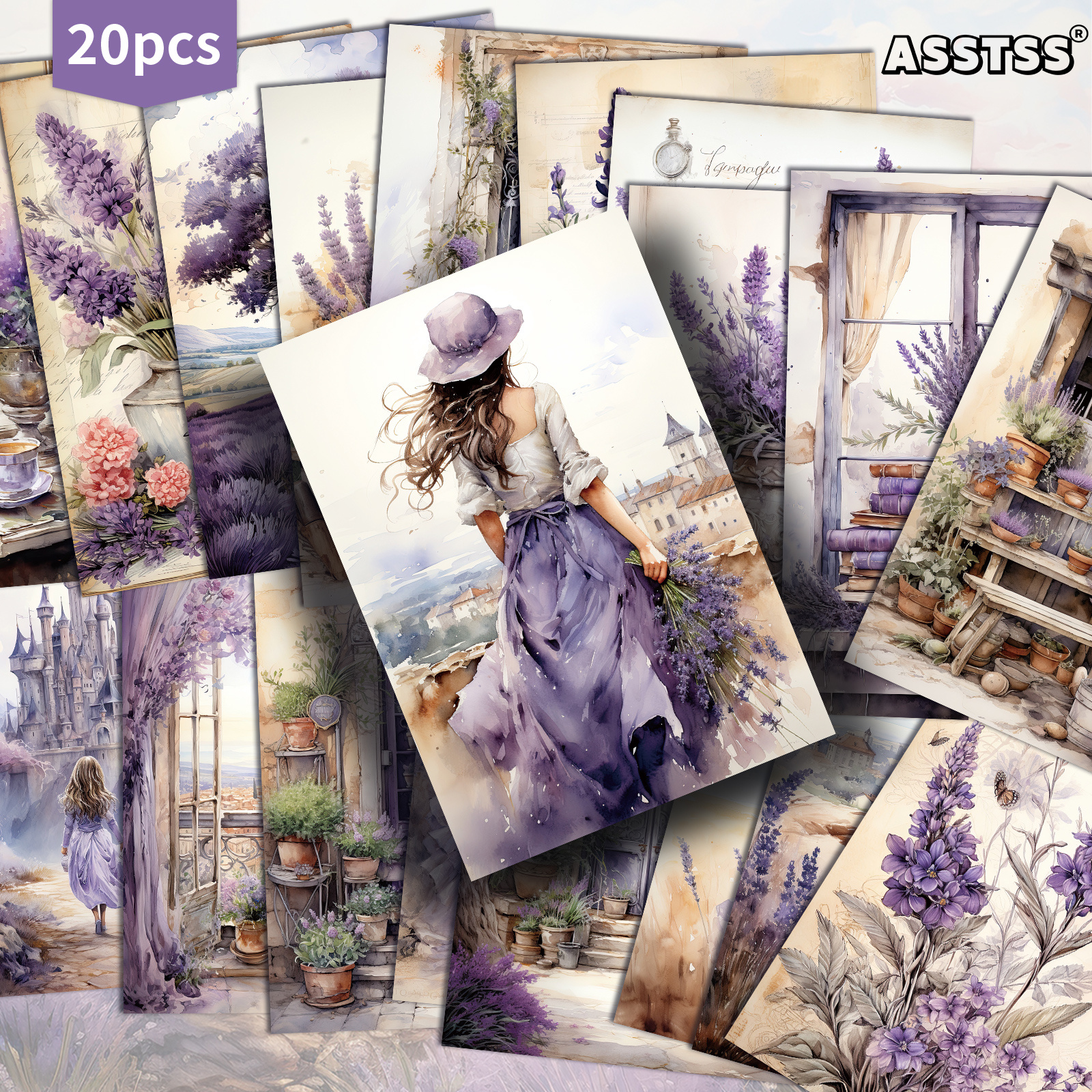 TEMU 20-Pack ASSTSS Carte Vintage Lavanda - Carta Retro 4x6 per Junk Journal con Illustrazioni , Colori Lavanda e Ideali per Scrapbooking, Fai da Te,