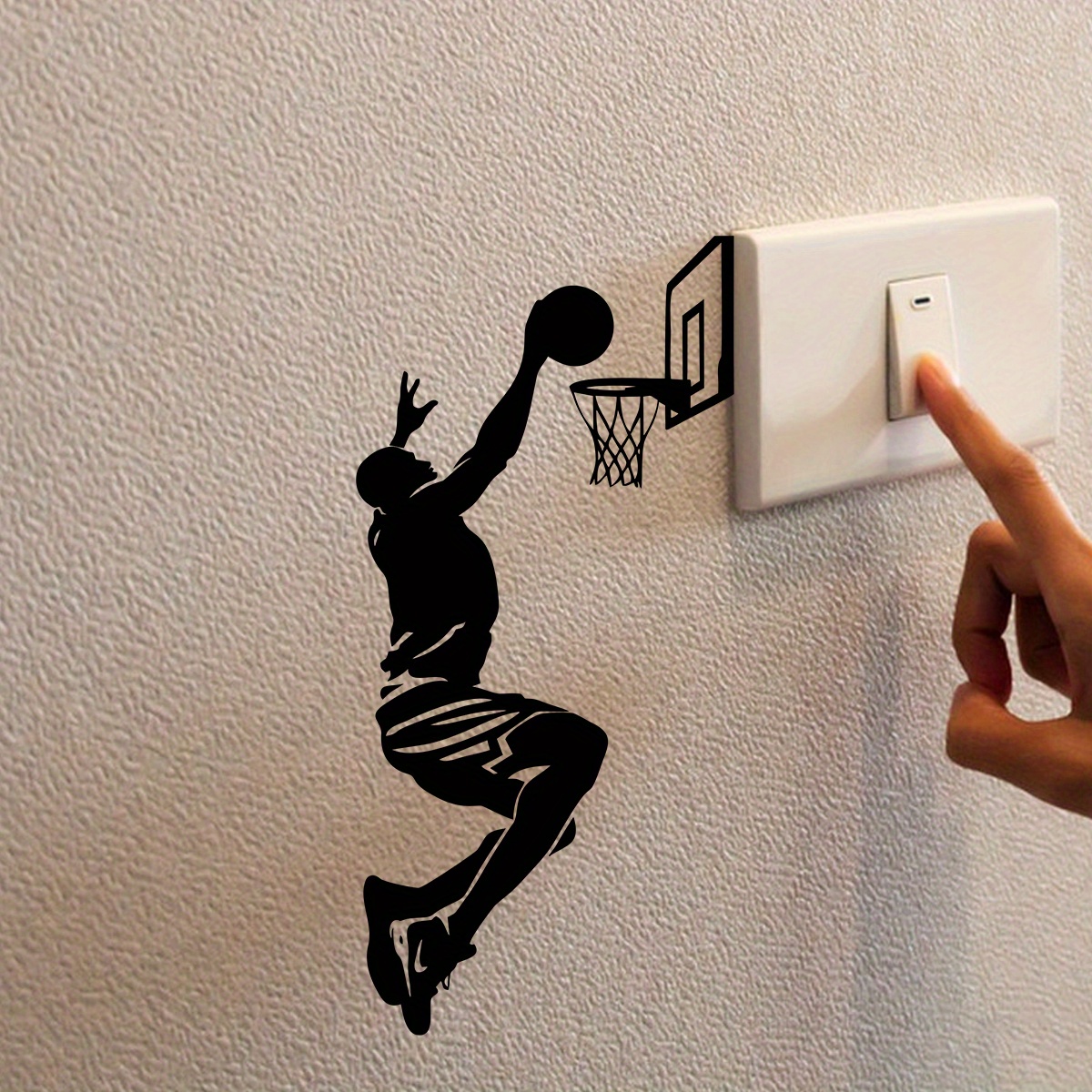 Image of 1pc Basketball Boy Light Switch Sticker - Black Silhouette Of A Basketball Player, Self-adhesive Wall Decor For Bedroom And Living Room, Decoration, Made Of Plastic, Easy To Apply