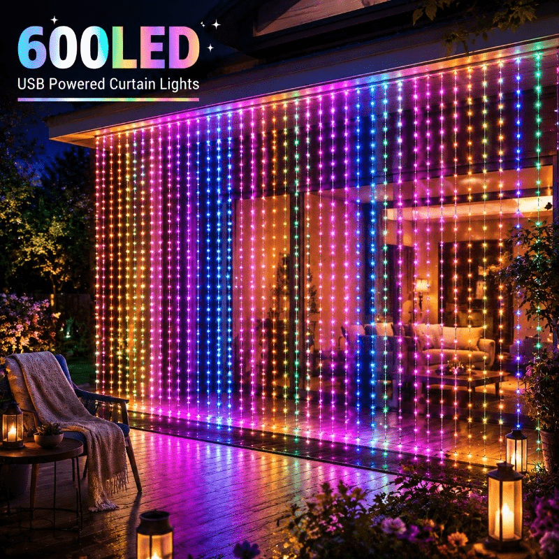 TEMU Guirlande lumineuse de 1 - 600 LED/ 6x3 mètres, guirlande lumineuse rideau USB à 8 fonctions, guirlande lumineuse colorée blanc chaud, guirlande