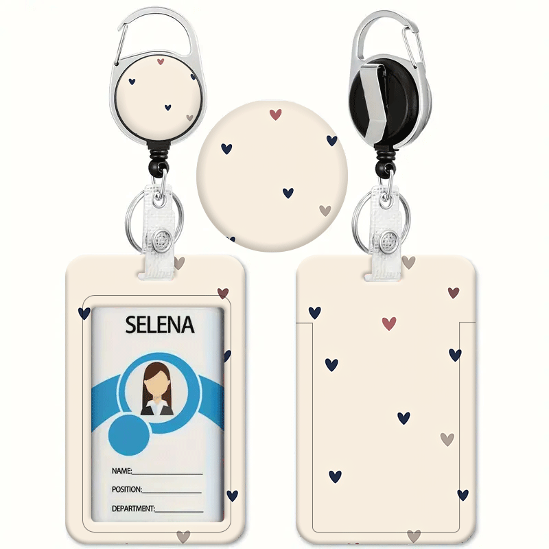TEMU Easy Heart Pattern, Creamy Color Palette, Light Pink And Dark Blue Gray Heart Print, Suitable For Printed Id With Retractable Id Holder - Badge
