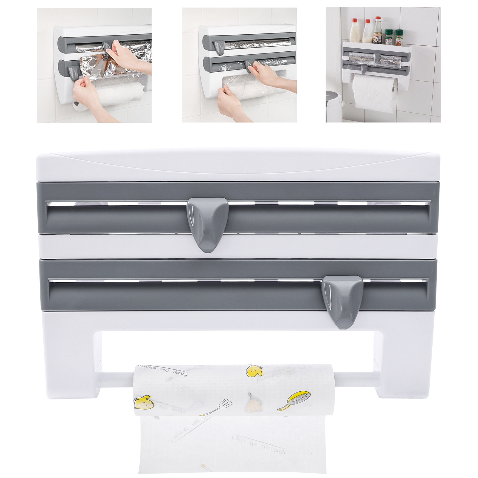 Wall Mounted Paper Towel Holder With Cutter Hips Kitchen Storage Organizer Rack For Cling Film Tin Foil Spice Jars Space Grey White Removable With Screws And Adhesive