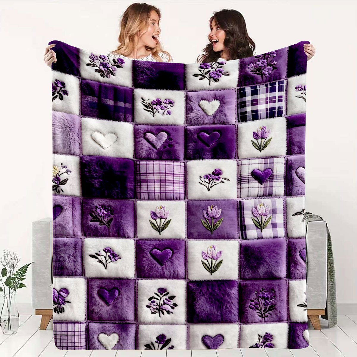TEMU Autumn And Winter Flannel Heart And Floral Blanket, Soft And Skin-friendly Double-sided Flannel Blanket, Suitable For . Used As A Throw Blanket
