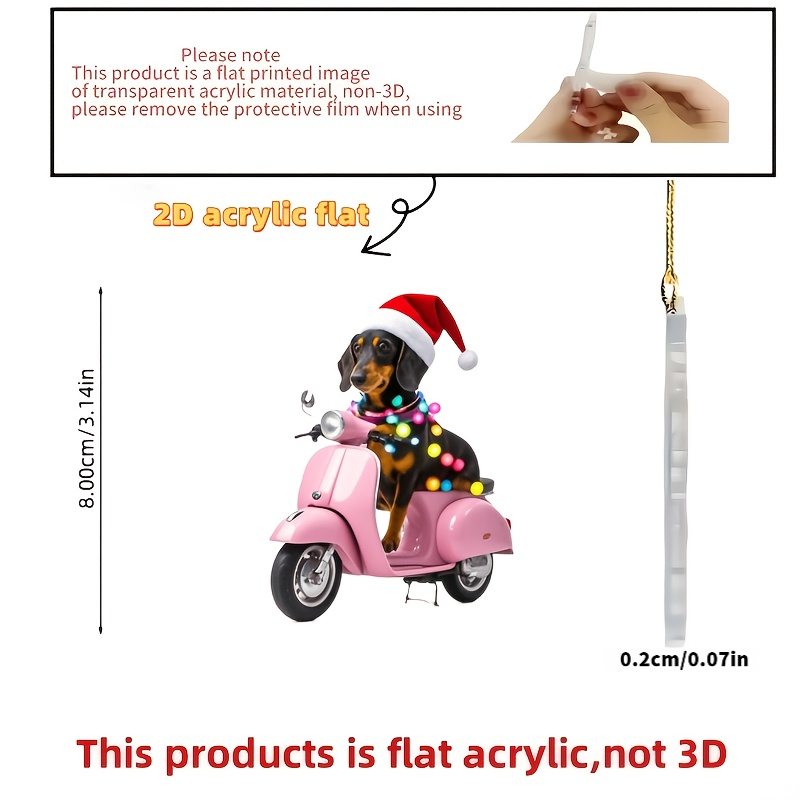 TEMU 2d Flat, 1 Cute Dachshund Riding Scooter Christmas Tree Decoration- With An Acrylic Flat Hanging Decoration, Featuring Eyes And Sitting Posture,