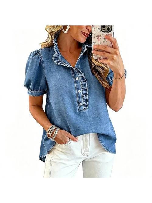 womens v neck denim shirts summer casual henley button loose fit oversized cascading ruffle tops puff short sleeve chambray shirt high low hem tunic wash blue western outfits bohemian beach vacation