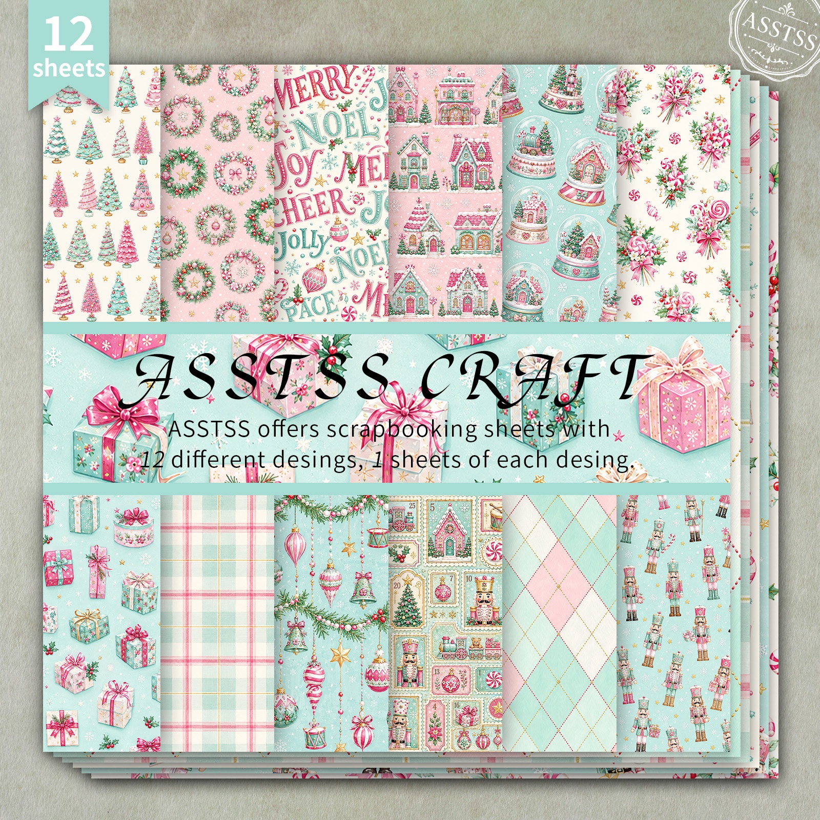 TEMU 12-sheet Asstss 6x6 Inch Scrapbooking Paper Pad, Christmas Pink-green Nutcracker Backing Paper Supplies, Heavyweight Cardstock For Journaling,