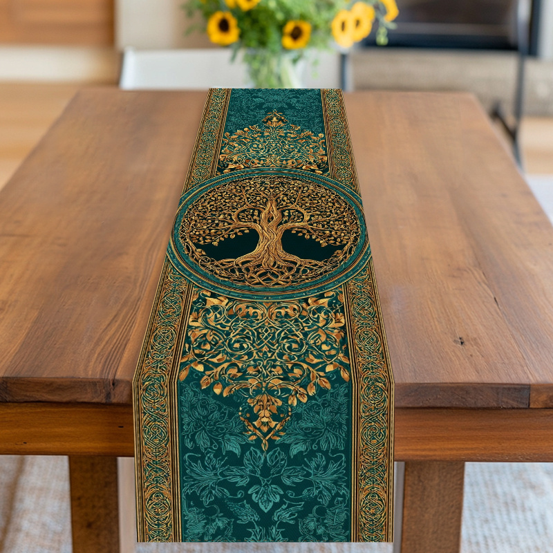 TEMU Table Runner,table Cover,tree Of Life Themed Floral And Celtic Pattern Golden And Teal Design,suitable For Birthday,wedding,anniversary,new