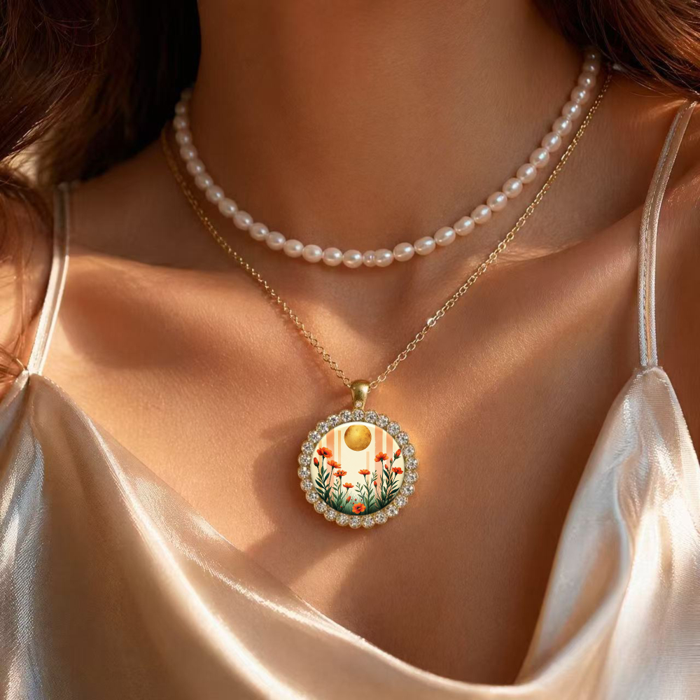 Floral Sun Pattern Round Glass Pendant Necklace