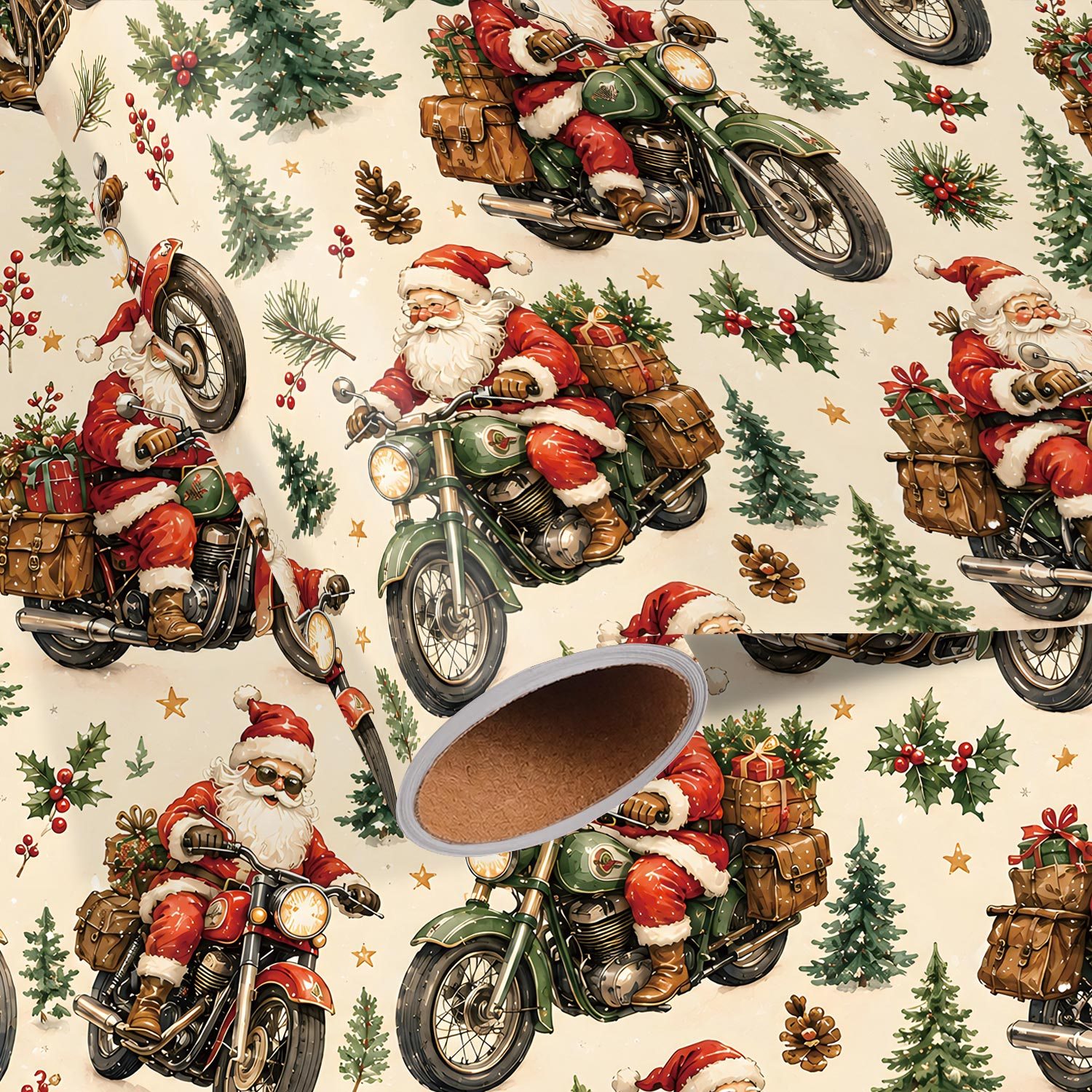 TEMU Roll Vintage Christmas Wrapping Paper Suitable For Xmas Gifts, Diy Crafts & Party Decorations - Single-sided Print With Santa Motorcycle, Pine