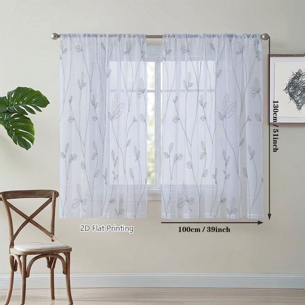 TEMU 2d Flat, 2pcs Small Semi-transparent Sheer Curtains, Minimalist Monochromatic Botanical Line Art Pattern Sheer Curtains, For Cafe, Living Room,