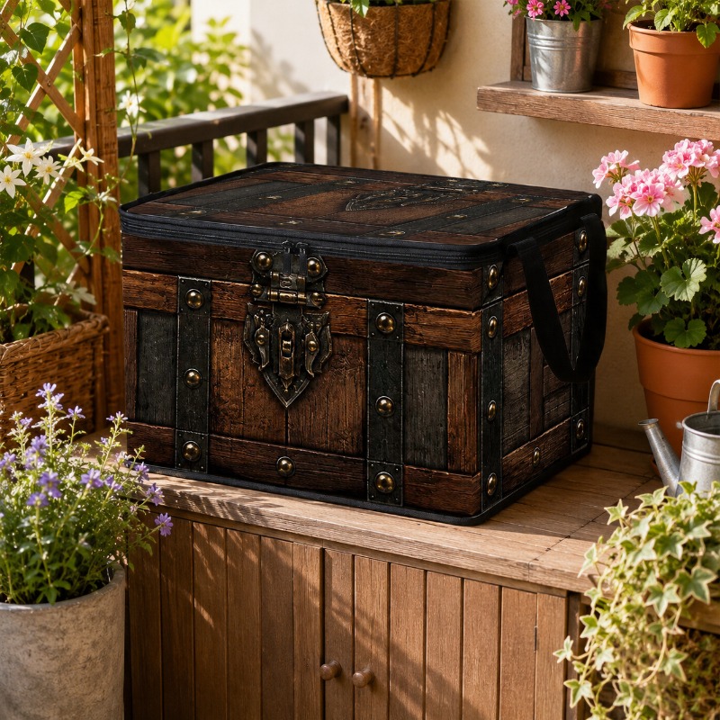 TEMU 1pc Printed Storage Box | Distressed Lock, Rivets, And Sectional Patterns | Large Capacity Foldable Storage Box With Lid, Soft Fabric, Strong