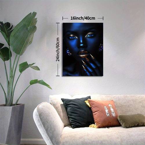 elegant canvas art blue and golden female portrait wrapped canvas frame ideal for bedroom living room or home office decor indoor outdoor use living room decor art intricate detailing large canvas wall art 2d room decor