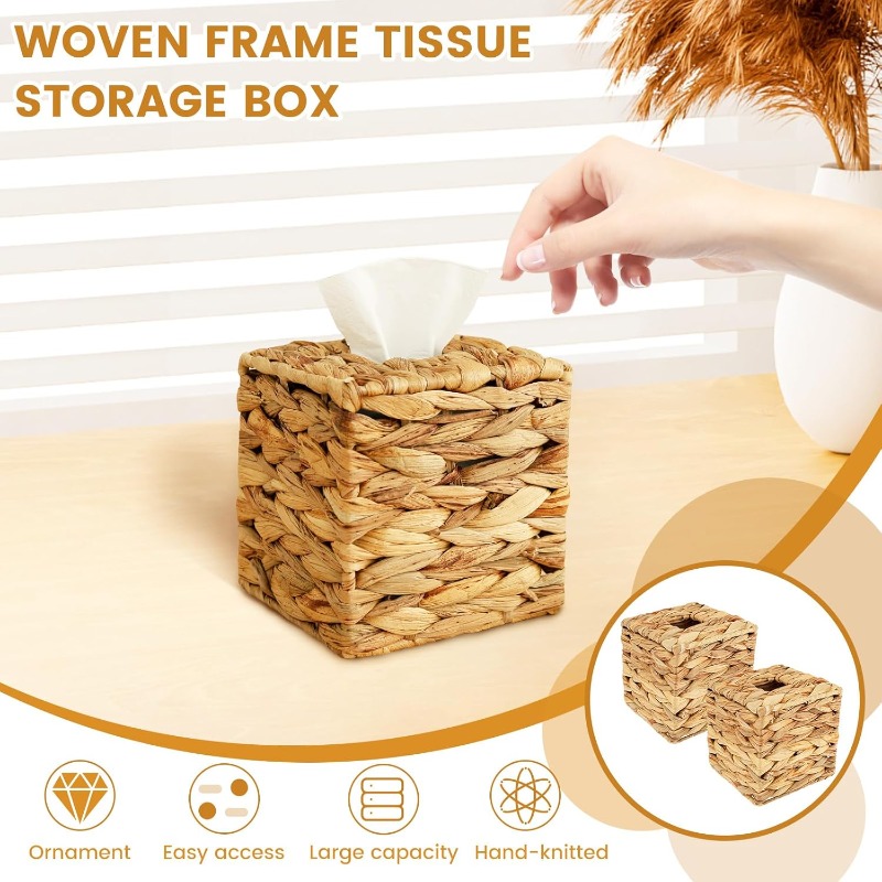 2pcs decorative woven tissue box cover - round woven tissue holder with   lid,   woven texture, durable woven fabric for bathroom, living room, office - decorative tissue dispenser organizer, portable tabletop storage for home & travel, fits standard tissues, rustic modern decor in beige & brown tones, aesthetic facial paper box cover with woven design for   decor, portable for table use, bathroom decor, elegant and functional tissue holder, tissue holder Product details 4