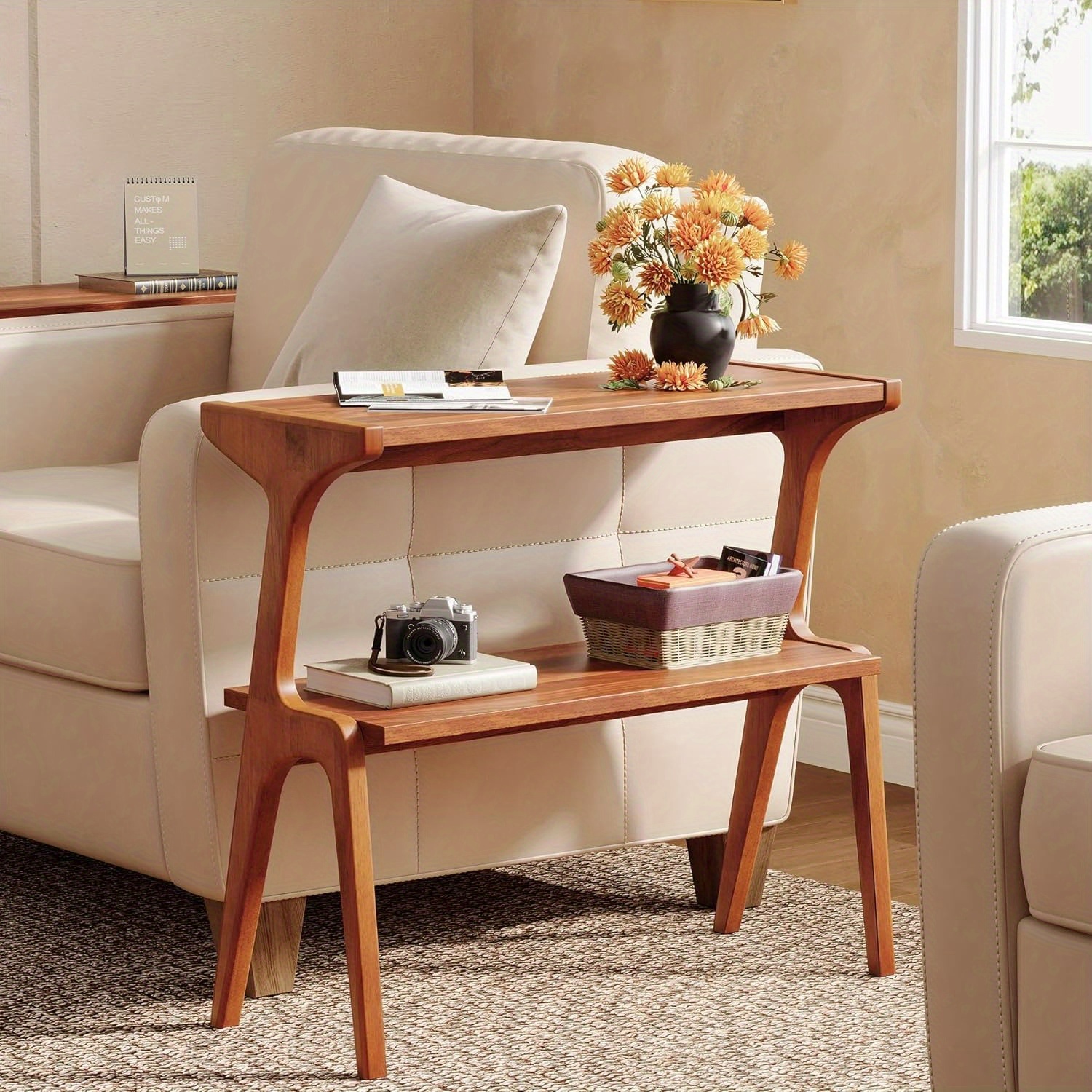 Solid Wood End Table with 2-Tier Storage Shelf