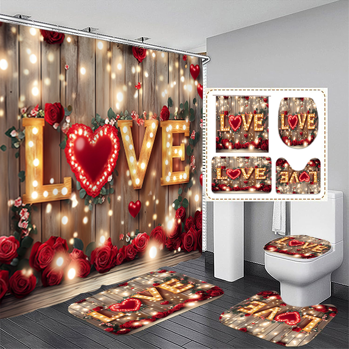 

1pc/3pcs Valentine's Day Bathroom Set, Print Shower Curtain With Non-slip Bath Mat, Toilet U-mat, And Lid Cover, Water-resistant Polyester Fabric, Includes 12 Hooks, Decor