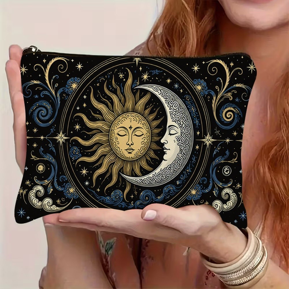 TEMU Mystical Celestial Sun Moon Print Polyester Cosmetic Bag, 22cm X 15cm / 8.7in X 5.9in Mixed Colors, Durable Lightweight Toiletry Pouch For