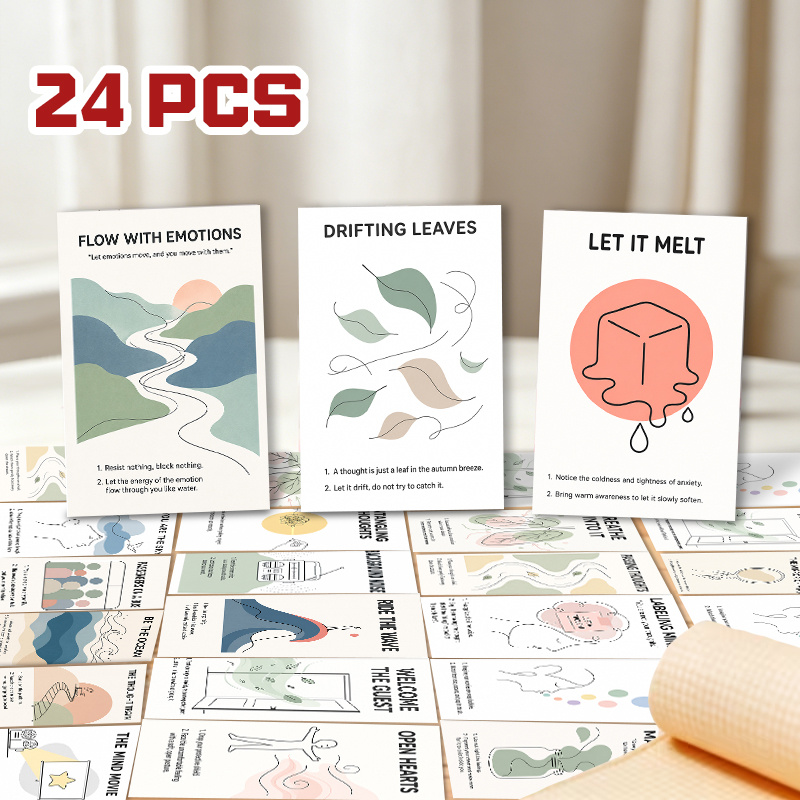TEMU 24pcs Mindful Emotion Regulation Exercise Flash Cards For Women And Men, With Art, Boho Anxiety Relief Meditation Cards, Down Mindfulness