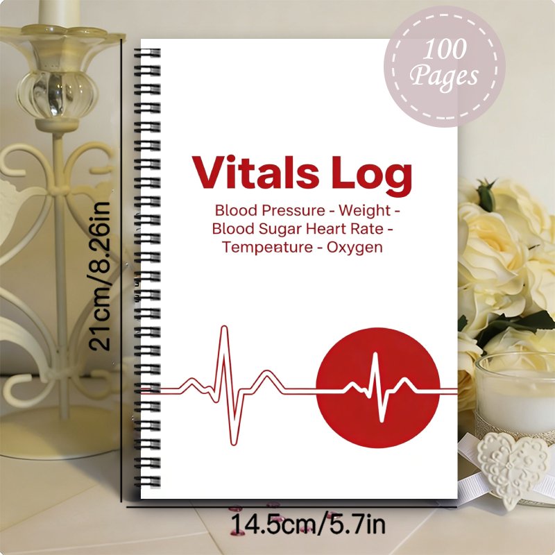 1pc Vitals Log Notebook | Daily Recording And Tracking Of Blood Pressure, Weight, Blood Sugar, Heart Rate, Temperature, Oxygen - Compact Health Journal For Diabetes Monitoring At Home With Glucose Meter Testing Tracking