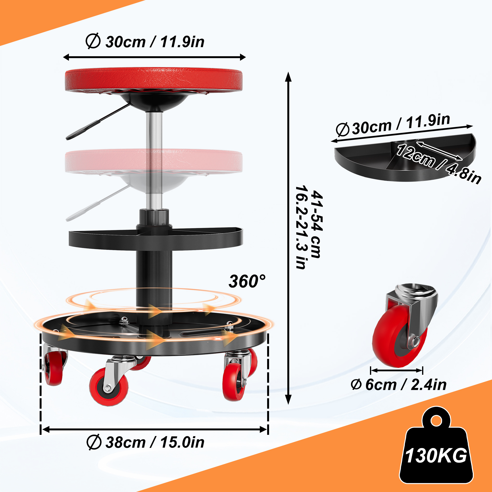 TEMU Workshop Stool Rolling Stool Workshop Rolling Seat 41-54cm Height Adjustable, Work Stool With Shelf And 4 Universal Casters, Workshop Work Stool