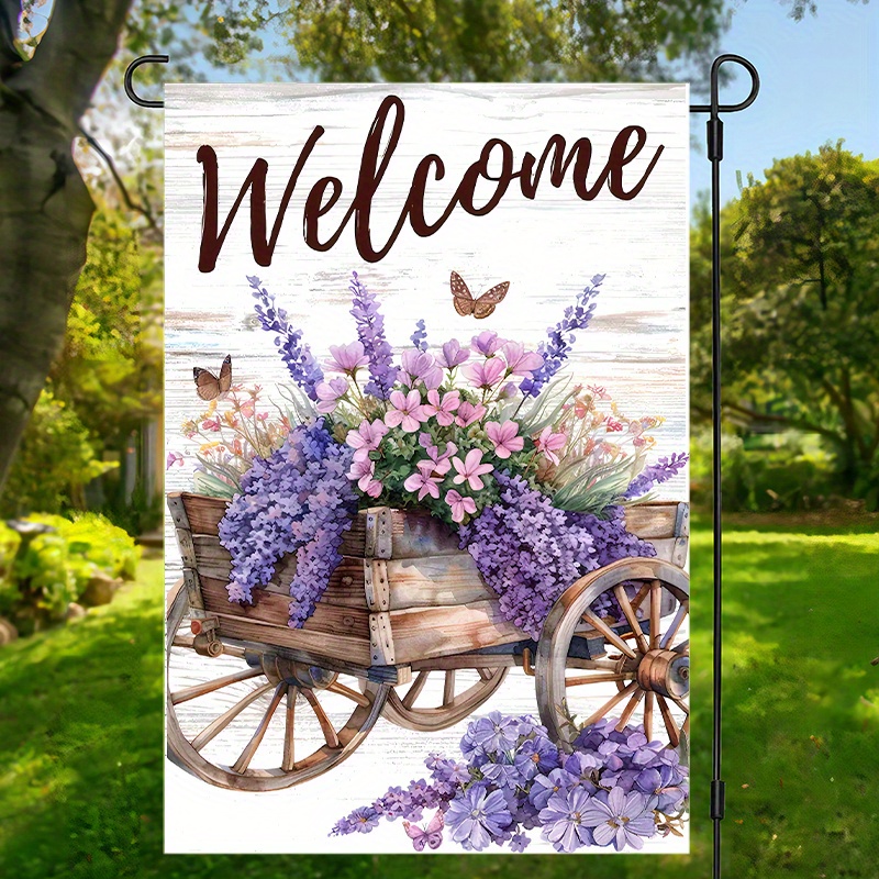 

2d Door Banner, 1pc "welcome " Double-sided Garden Flag - Rustic Wagon With Purple Flowers & Butterflies, , Waterproof Polyester Burlap, Vibrant Outdoor Yard Decor, 12x18inch, Garden Flags For Outside