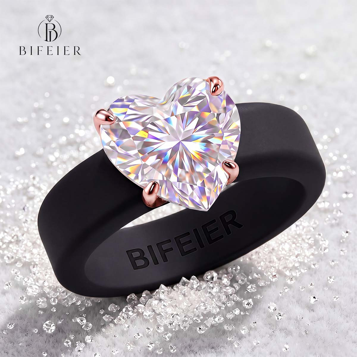 BIFEIER Hypoallergenic Black Silicone Women's Ring Set with Heart-Cut Zirconia