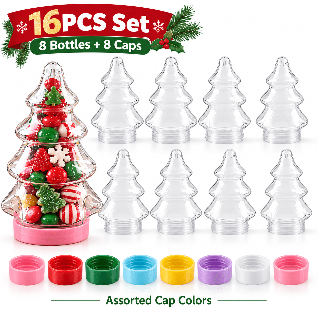 TEMU 16pcs Christmas Tree Candy Bottle Set, 8 Clear Bottles And 8 Assorted , Fillable Holiday Treat Containers For Christmas Party Favors, Stocking