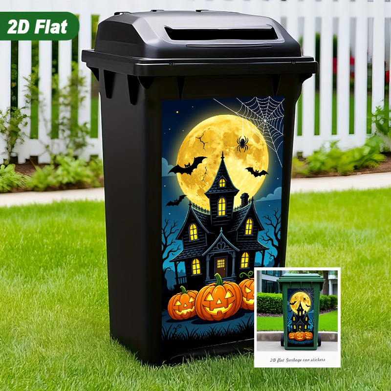 2d flat printing 1pc trash can sticker 37 x 82 cm halloween jack o lantern   night scene design wall sticker for decorating wallpaper self   kitchen trash can decoration suitable for bins   decor peel and stick