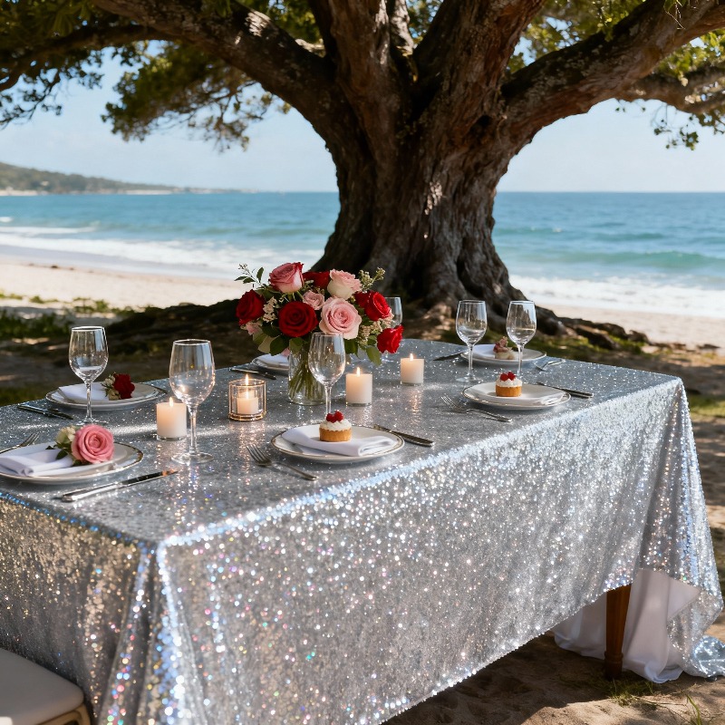 TEMU 1pc Silvery Sequined Tablecloth And 4pcs Self-adhesive Stickers, Silvery Glittering Tablecloth, Rectangular Sequined Tablecloth Ideal For