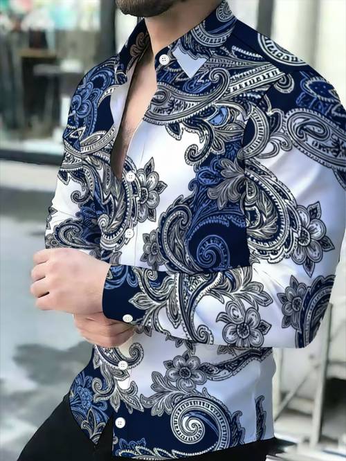 mens blue and white paisley pattern shirt vintage casual long sleeve lapel shirt