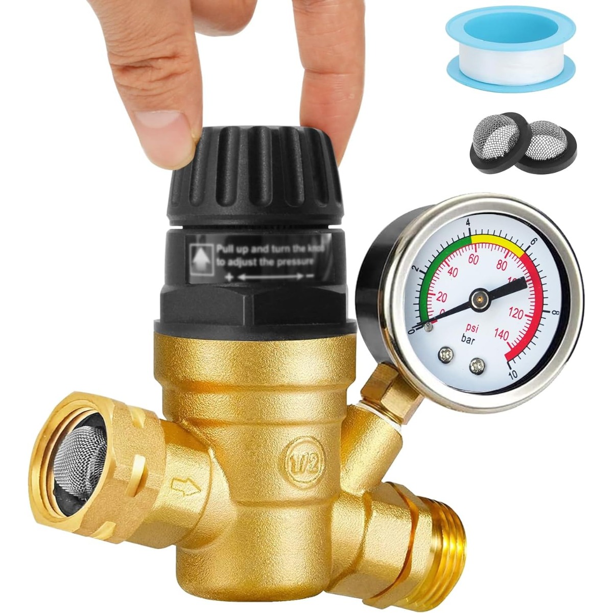 TEMU Rv Water Pressure Regulator Adjustable Brass Water Reducer Valve, Pressure Regulator With 0-140 Psi Gauge & Filters For Travel Trailer, Without