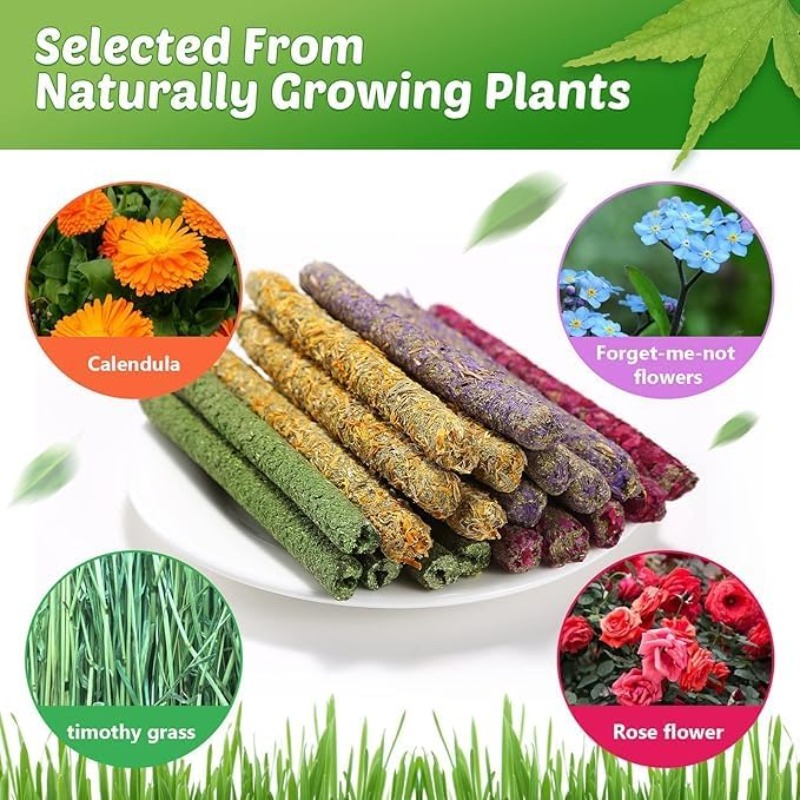 18pcs Rabbit Chew Sticks Mixed Natural Flower Rose Dahlberg Daisy and Forget-me-not Chew Toys Treats for Rabbit Bunny Chinchilla Guinea Pig Hamster and Other Small Animals Molar Snacks