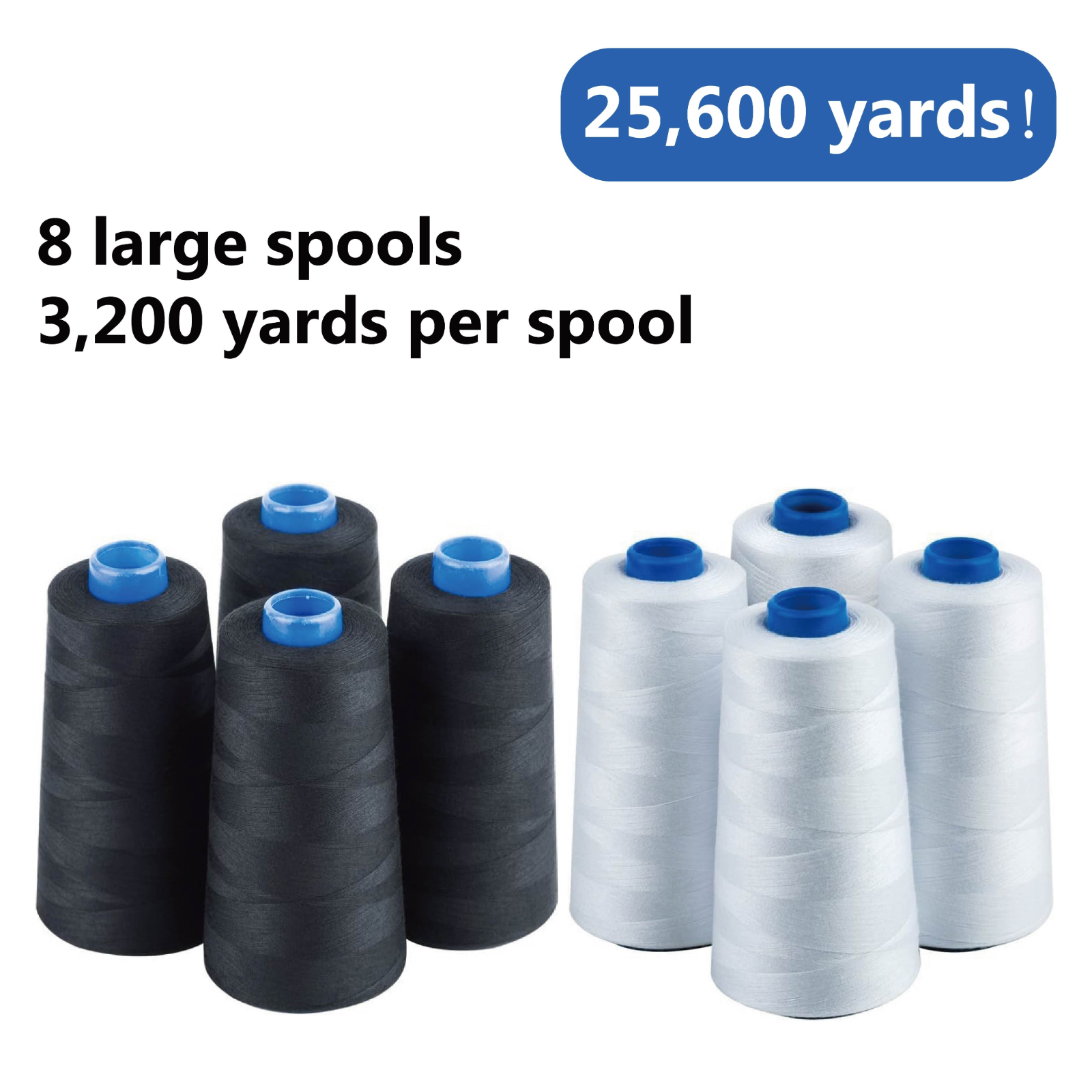 TEMU 8 Spools Of Large Sewing Thread – 4 Spools Of White Polyester Thread And 4 Spools Of Black Polyester Thread, 3200 Yards Per Spool, Total 25600