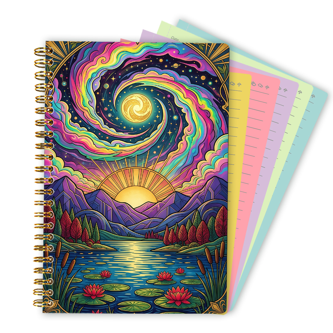 TEMU 1-pack A5 Spiral Notebook, 100 Pages Of Colored Lined Inner Pages, Tear-out Sheets For Easy Individual Removal And Note-taking, Creative Sunrise