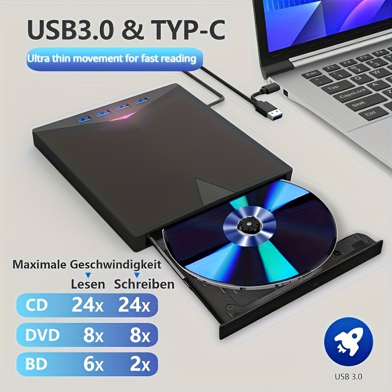 Image of Portable Cd/dvd External Drive With Sd Card Reader, Usb 3.0 Type-c , Cd Rom Burner, Compatible With Laptop, Windows, , - Plug And Play, Hot Swappable, Data Transfer