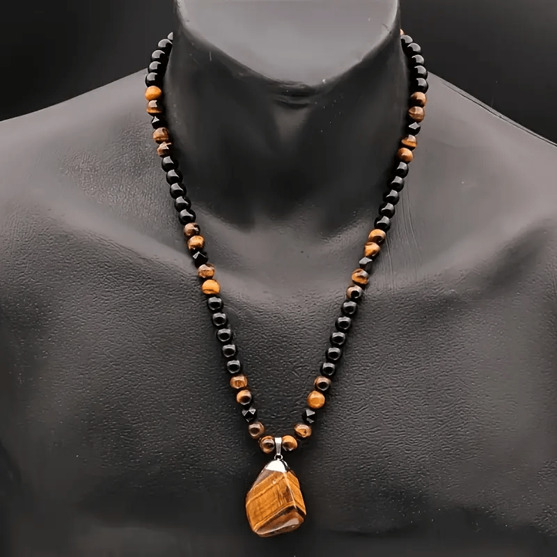 TEMU 1pc Vintage Natural Tiger Eye Stone Pendant Necklace For Men, A Jewelry Gift For Him