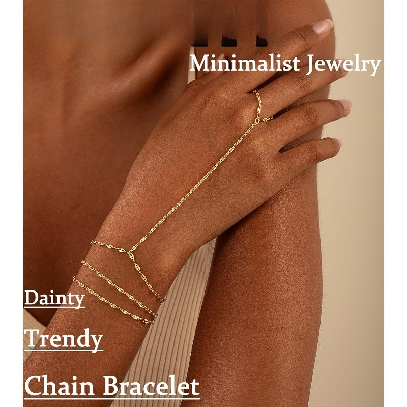 2pcs Golden Hand Chain Bracelets Set for Women, Adjustable