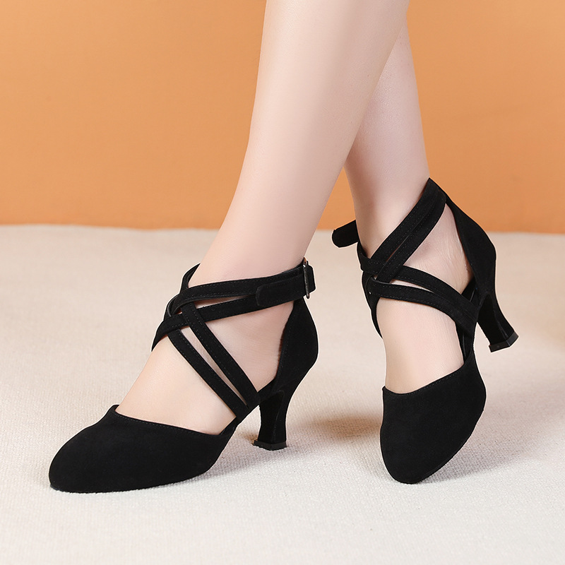 Image of 2026 New Style Women's Black Cross-strap Dance Shoes, Mid-heel Latin And Ballroom Dance Shoes, Plus Sizes, Retro Minimalist Style, Comfortable And Versatile, Women Shoes