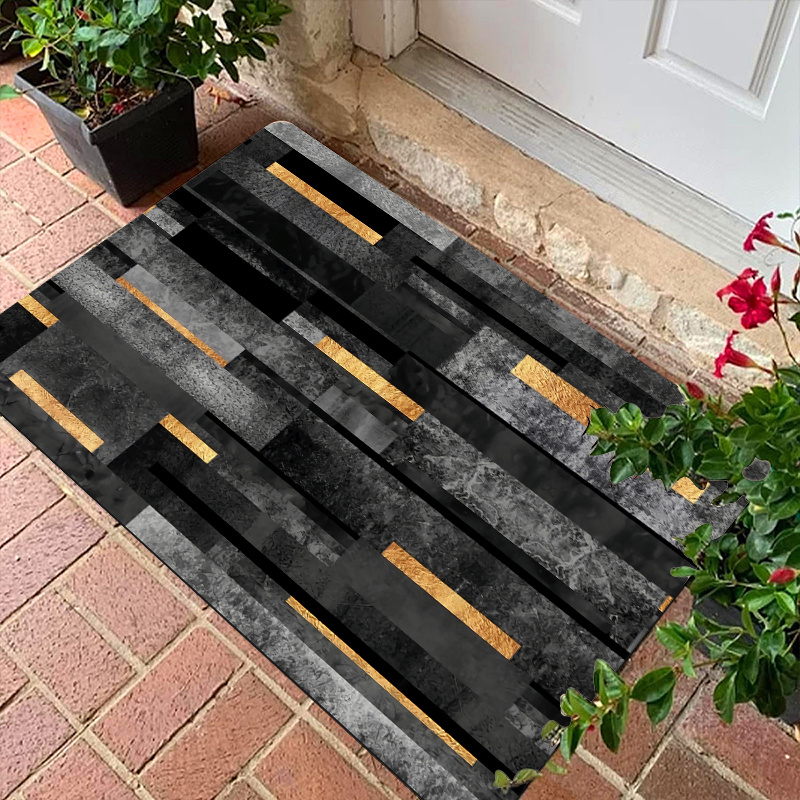 

1pc Geometric Square Pattern Doorway Mat, Black & Gray With Golden Accents, 100% Polyester, Non-slip, Stain Resistant, Soft, Only, For Indoor/outdoor Use In Kitchen, Bathroom, Hallway, Laundry