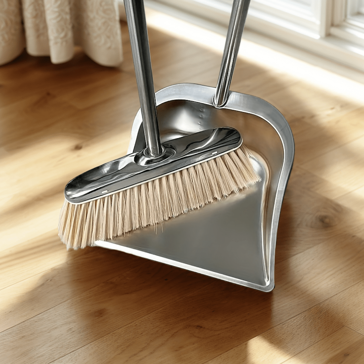 durable stainless steel broom and dustpan set with slant     cleaning combo for home office and school   hard floor surface practical cleaning tools modern broom design stainless steel construction broom and dustpan set Product details 0