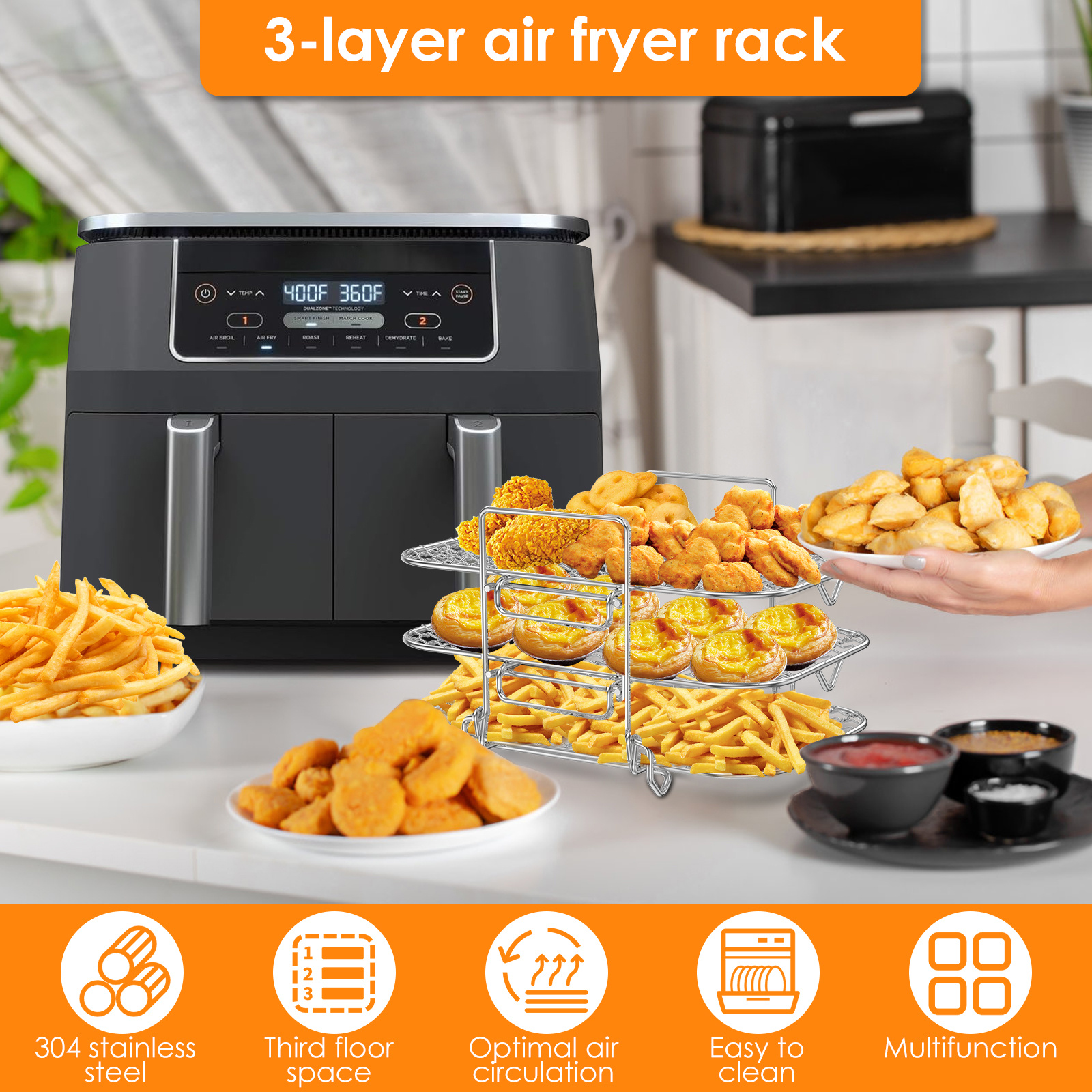 air fryer rack 3 layer dehydrator rack stainless steel air fryer grill rack stackable air fryer cooking rack multifunctional grilling rack for double basket air fryer baking air fryer dehydrator rack details 0