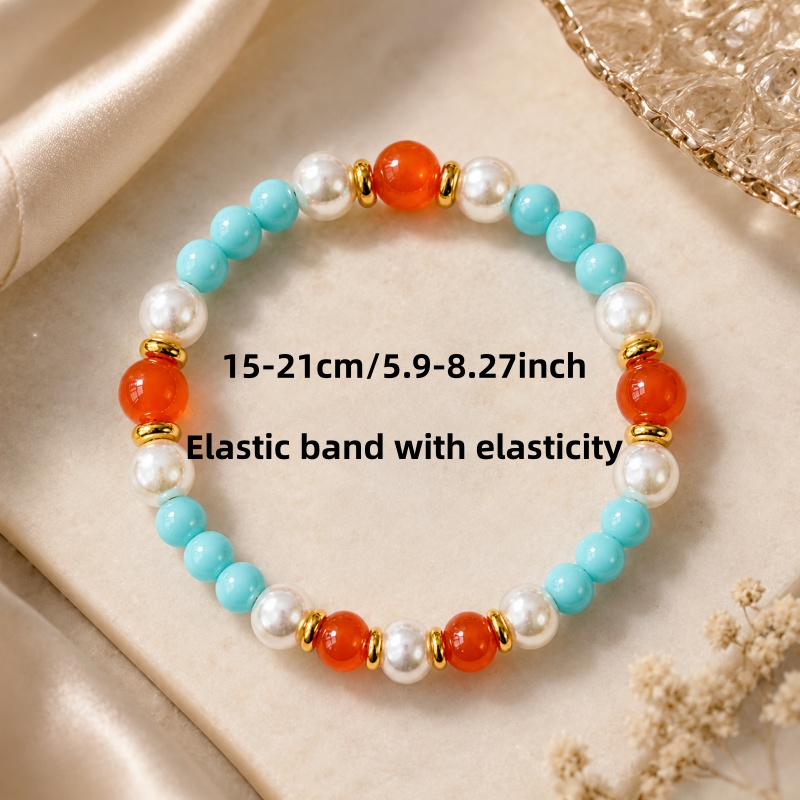 Wealth-Attracting Natural Stone Bead Bracelet, Mint Blue & Red Agate