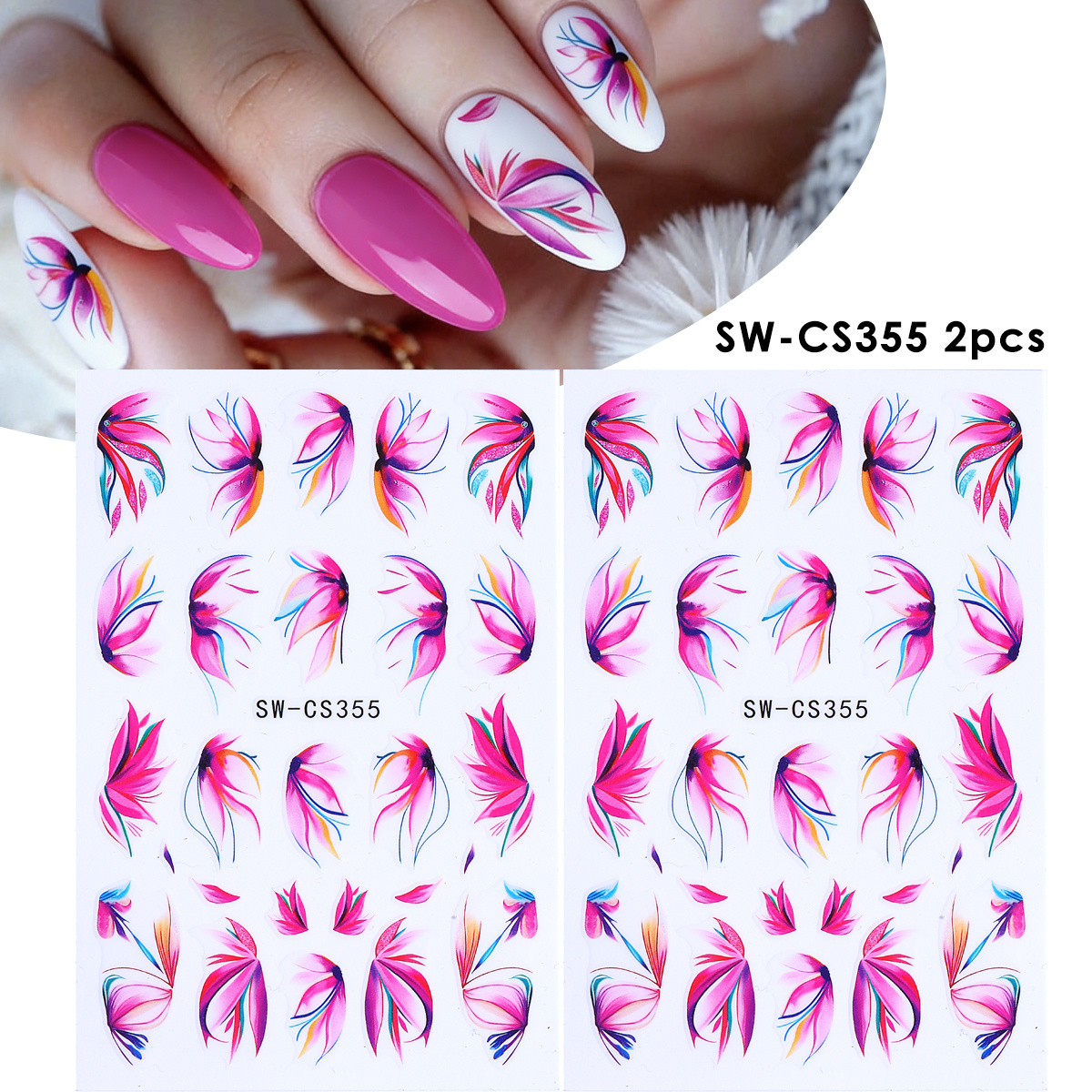 2 Sheet 3d Flowers Nail Stickers Watercolor Smoky Floral Adhesive Decals Big Petal Summer Element Sliders Creative Y2k Foils Manicure Decor