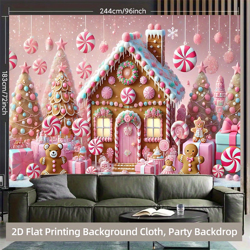 TEMU 2d Flat, 1pc Gingerbread House & Candy World Photography Backdrop - , Candy Cane, Marshmallow Trees - Durable Washable Polyester Banner For