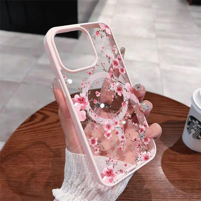 Image of Phone Case: Pink Flower Branch Print Frosted Magnetic Phone Case Supports Wireless Charging Matte Protective Cover Compatible With Iphone 11 Xs 12 13 14 Plus 15 16 17 Series