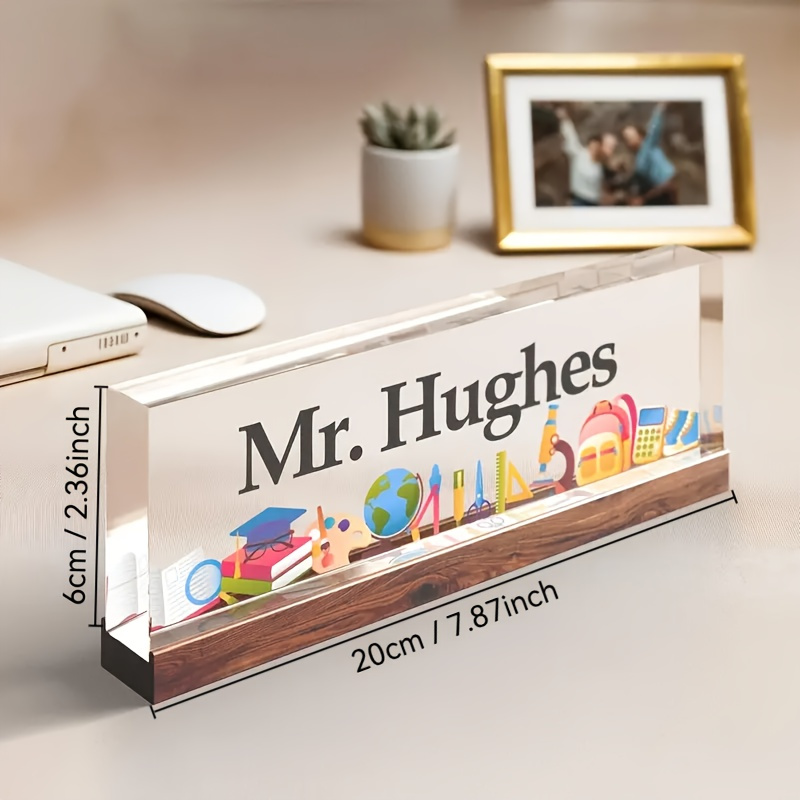 customizable acrylic teacher nameplate with wooden base personalized office classroom decor no power needed   durable structure holiday engagement gift for educators classroom decorations for teachers