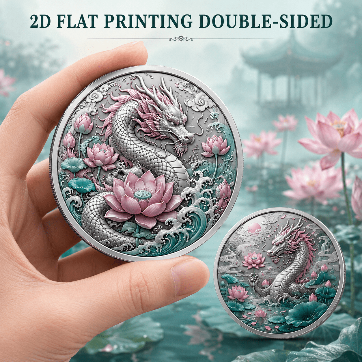 TEMU Replica Coin 2d Flat Printing, 1pc, Double-sided Commemorative Coin (1.57x1.57in), And Pink Floral Theme, Collectible Coin, Coin, Dragon Decor,