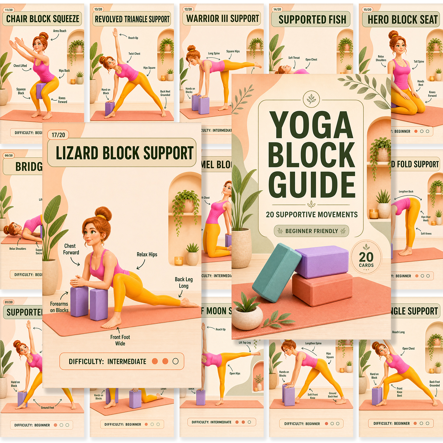 20 Yoga Block Guide Cards For Beginners, 3d Visual Exercise Deck With Supportive Stretching, Balance, Flexibility, Alignment, And Home Workout Movement Instructions For Daily Practice Routine