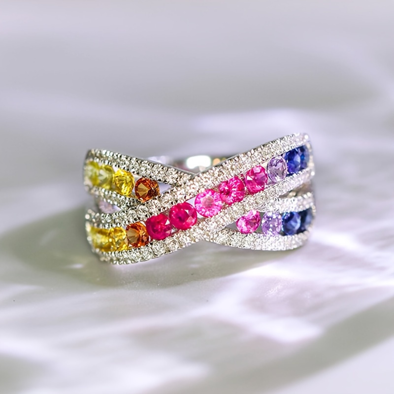 Image of Trendy Rainbow Cz Cross Rings For Women Full Bling Wedding Party Female Rings Silvery Jewelry