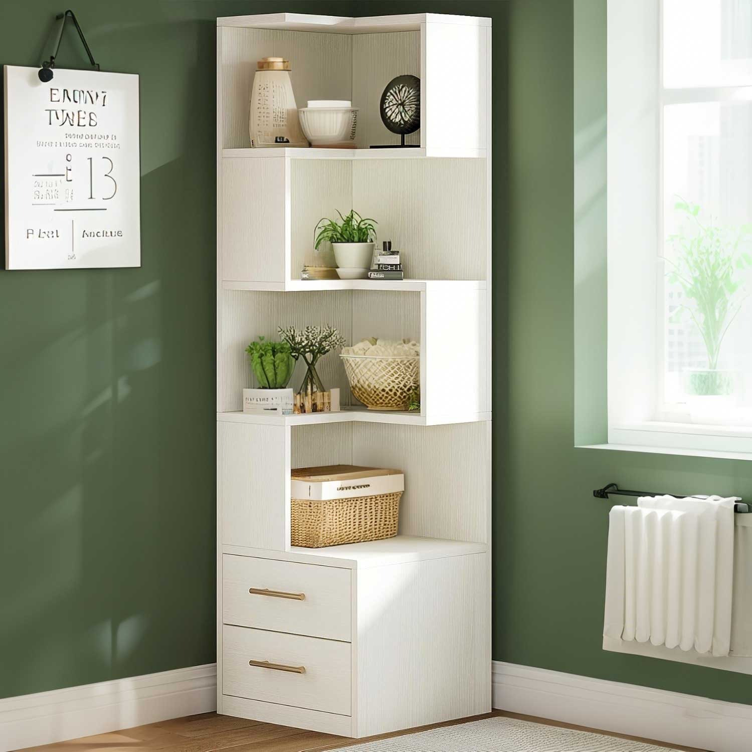 TEMU Étagère d'angle à 5 niveaux de 66,9" avec tiroirs - Meuble de rangement moderne et de place en bois aggloméré et bois dur, finition blanche pour