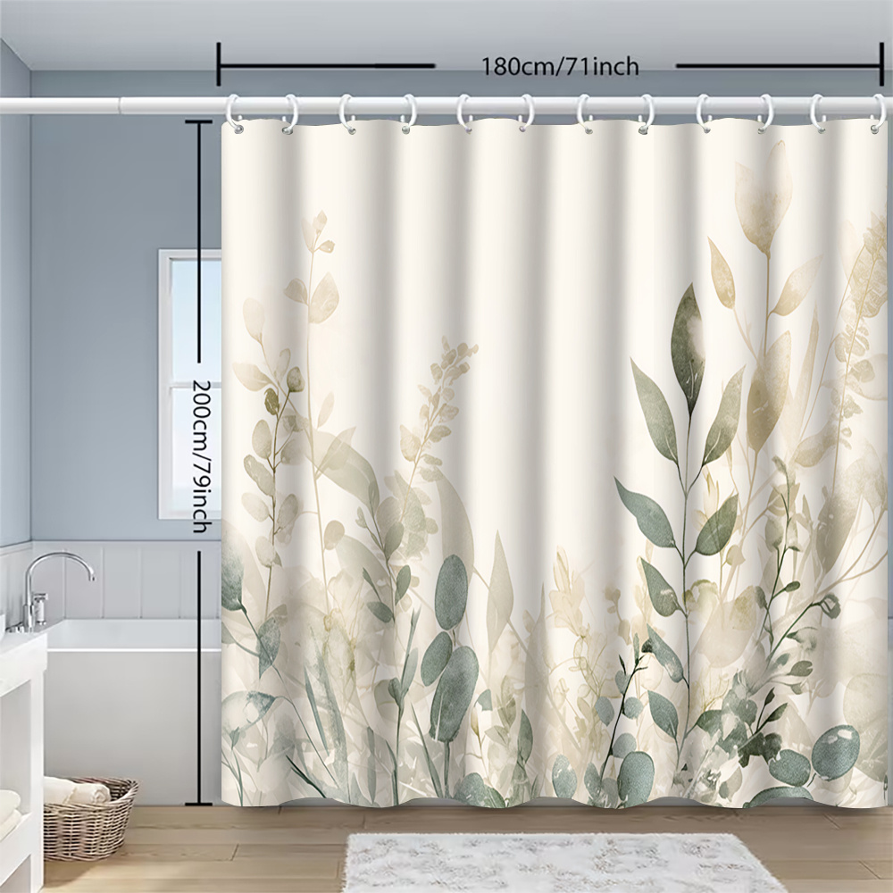 TEMU Watercolor Style Branch And Print Shower Curtain, Artistic Style Bathroom Supplies With Plastic Hooks, Bathroom Accessories, Gift, Home Decor,